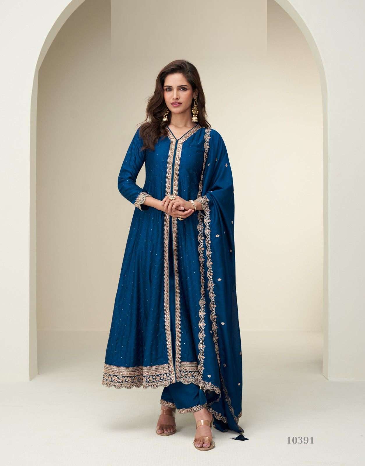 DESIGNER WEDDING PARTY WEAR PREMIUM SILK BLUE SALWAR SUIT AF CHARVI 10391