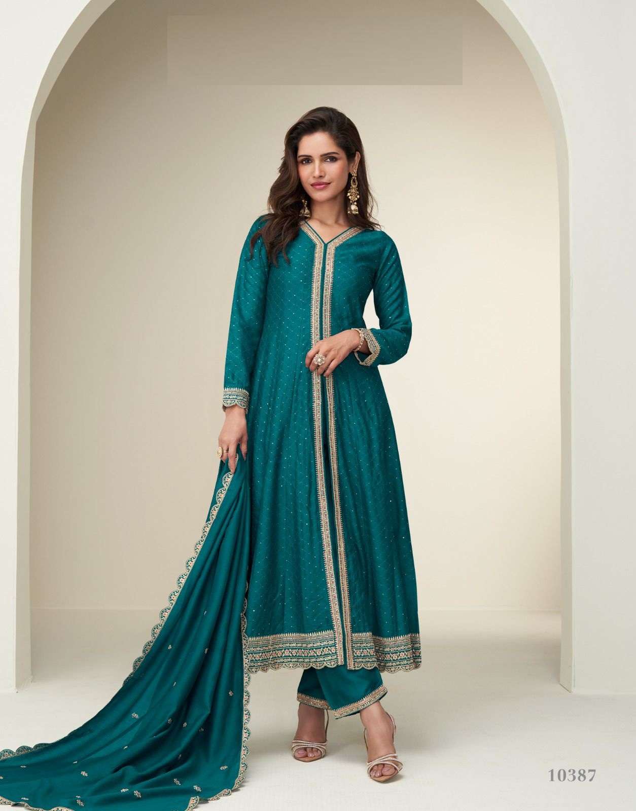 DESIGNER WEDDING PARTY WEAR PREMIUM SILK TEAL BLUE SALWAR SUIT AF CHARVI 10387