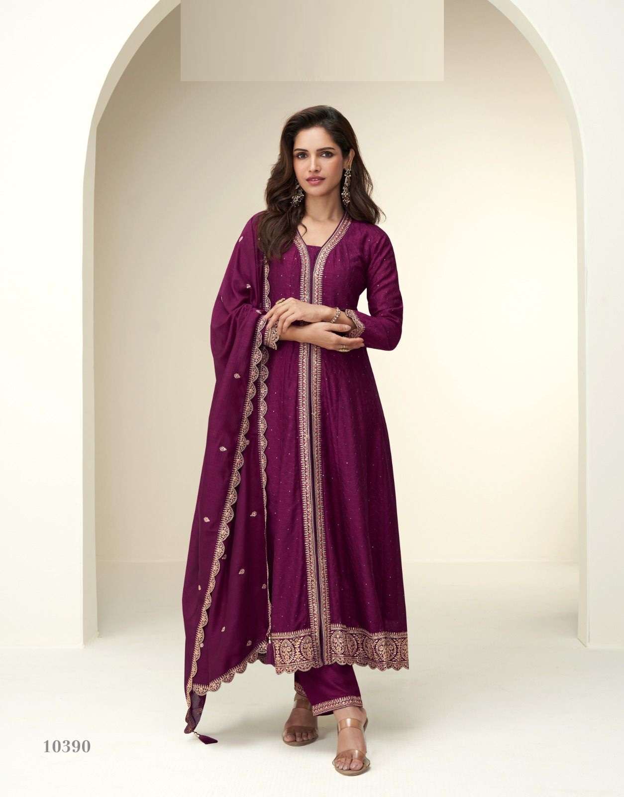 DESIGNER WEDDING PARTY WEAR PREMIUM SILK WINE SALWAR SUIT AF CHARVI 10390