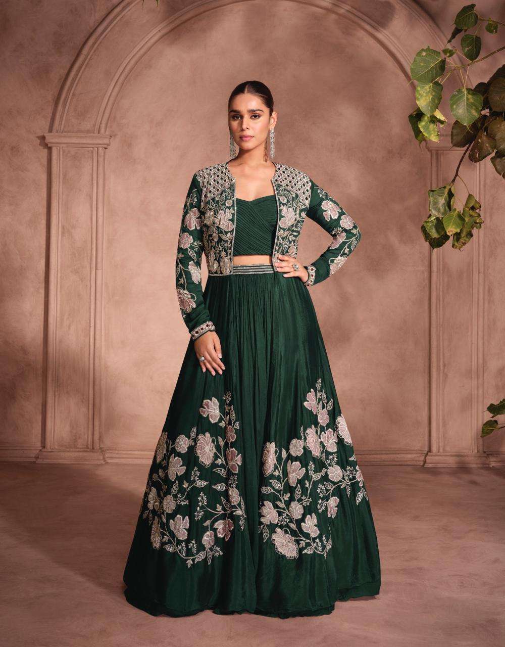 DESIGNER WEDDING PARTY WEAR PURE CHINON SILK GREEN OTI LONG GOWN ANARKALI SALWAR SUIT SY MANNAT 5796