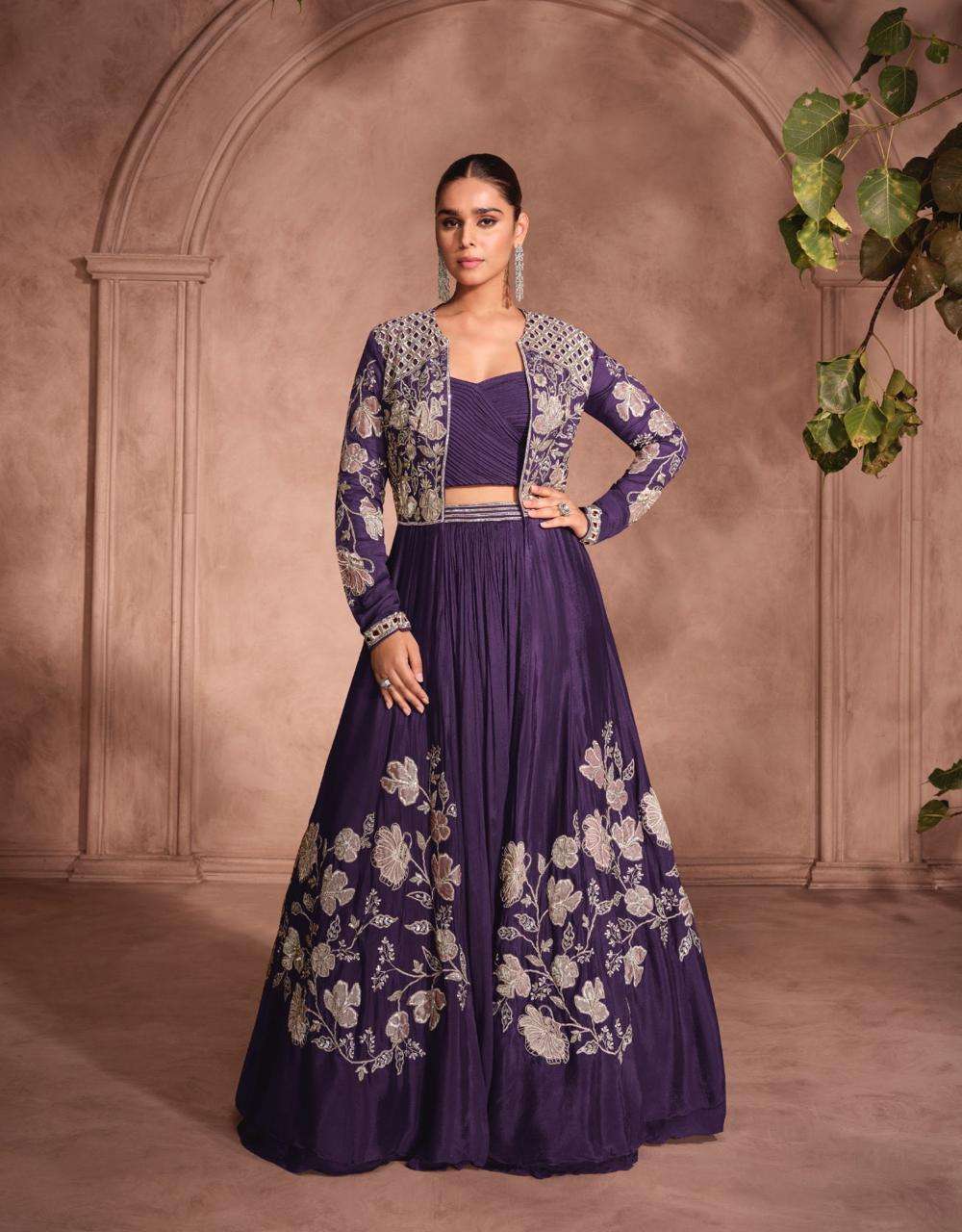DESIGNER WEDDING PARTY WEAR PURE CHINON SILK PURPLE KOTI LONG GOWN ANARKALI SALWAR SUIT SY MANNAT 5797