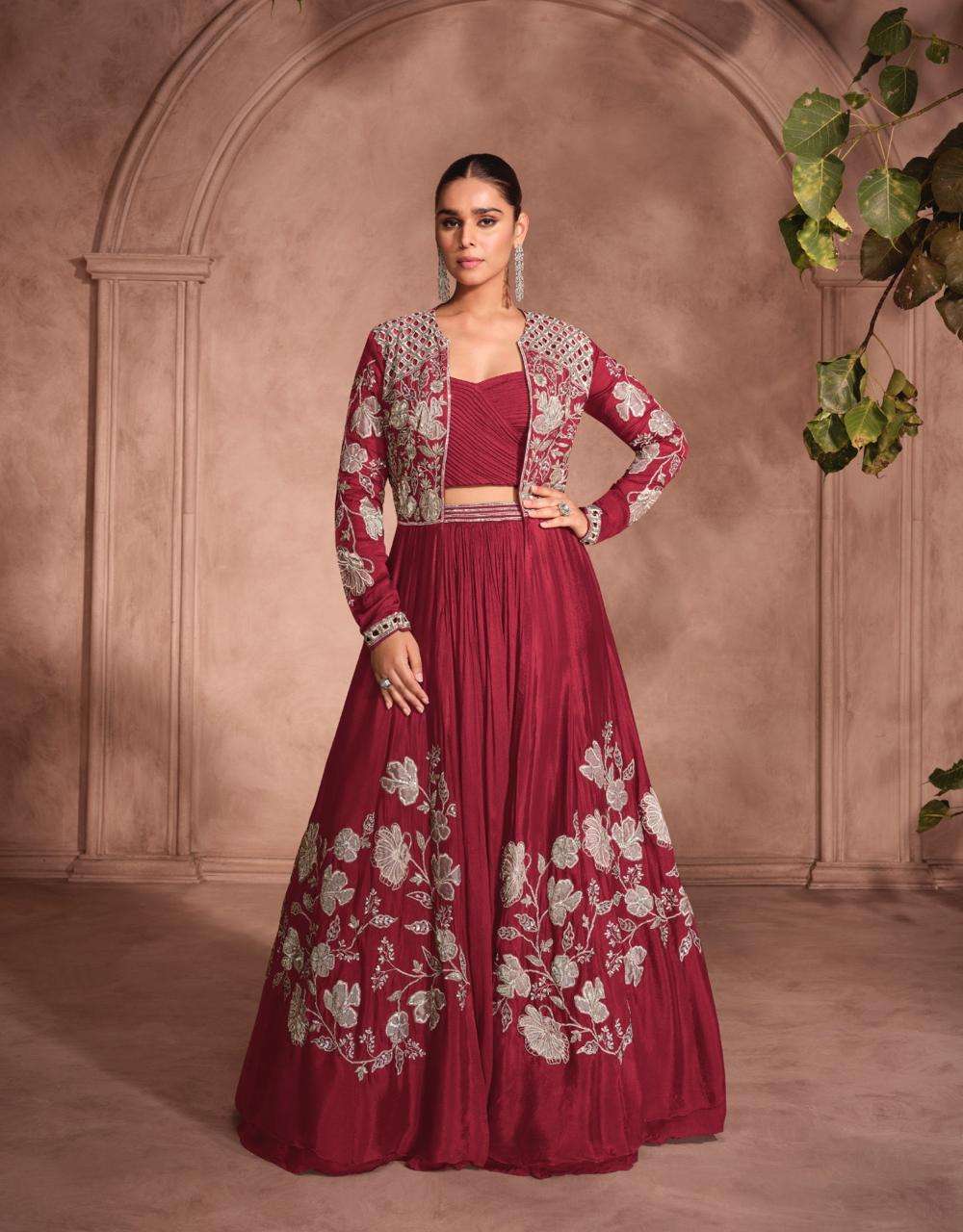 DESIGNER WEDDING PARTY WEAR PURE CHINON SILK RED KOTI LONG GOWN ANARKALI SALWAR SUIT SY MANNAT 5798