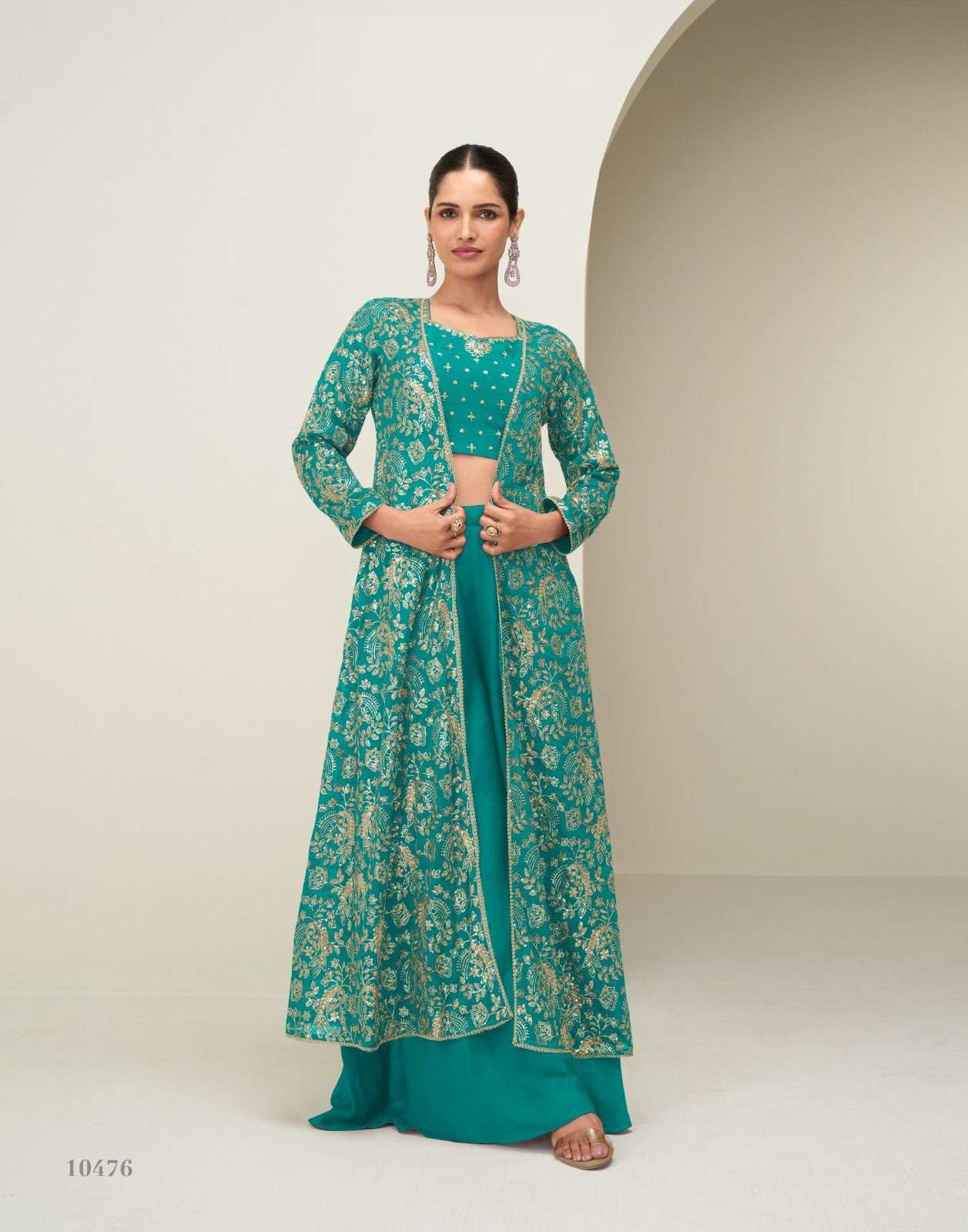 DESIGNER WEDDING PARTY WEAR PURE CHINON SILK TEAL BLUE SALWAR SUIT KOTI STYLE AF GUNJAN 10476