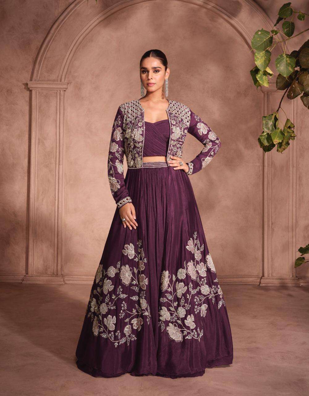 DESIGNER WEDDING PARTY WEAR PURE CHINON SILK WINE KOTI LONG GOWN ANARKALI SALWAR SUIT SY MANNAT 5795