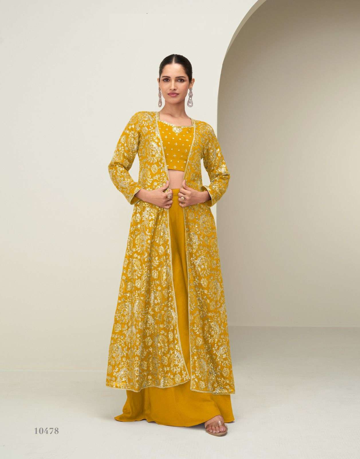 DESIGNER WEDDING PARTY WEAR PURE CHINON SILK YELLOW SALWAR SUIT KOTI STYLE AF GUNJAN 10478