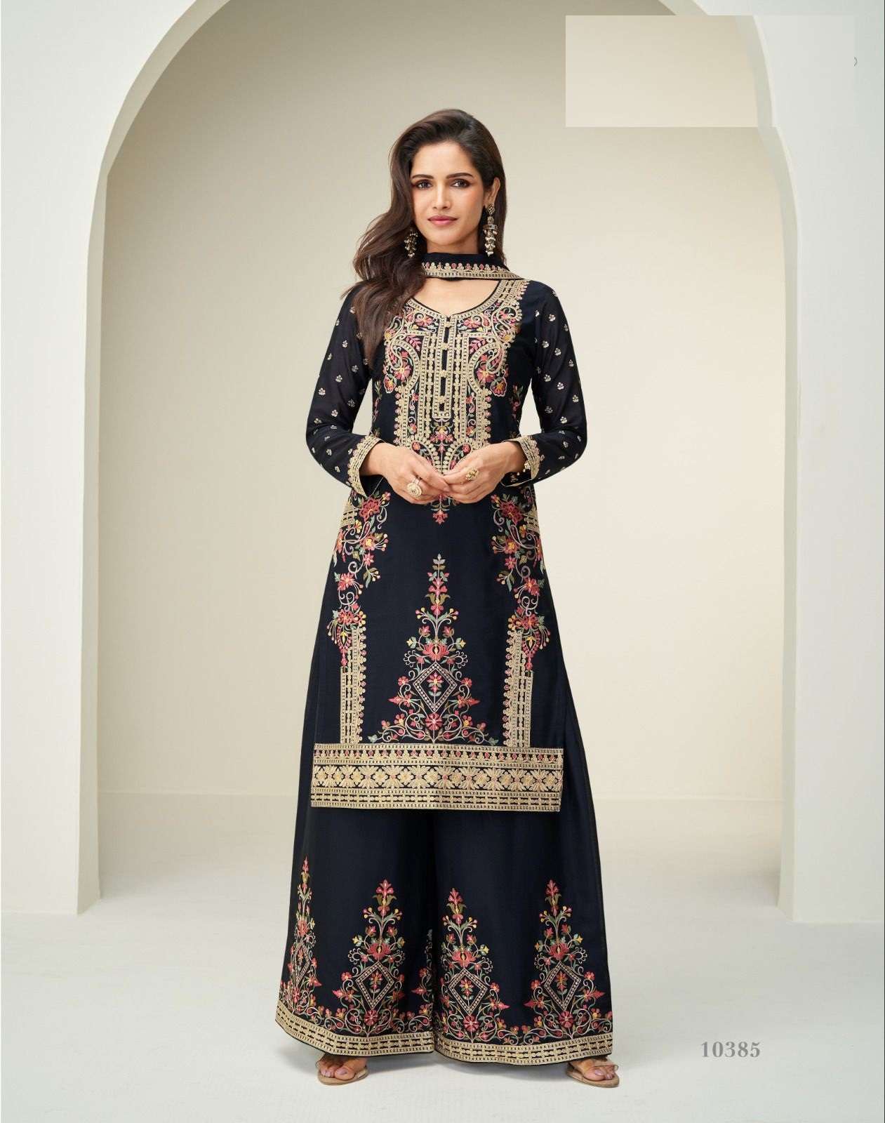 DESIGNER WEDDING PARTY WEAR REAL CHINON BLACK SHARARA SALWAR SUIT AF ALISHA 10385