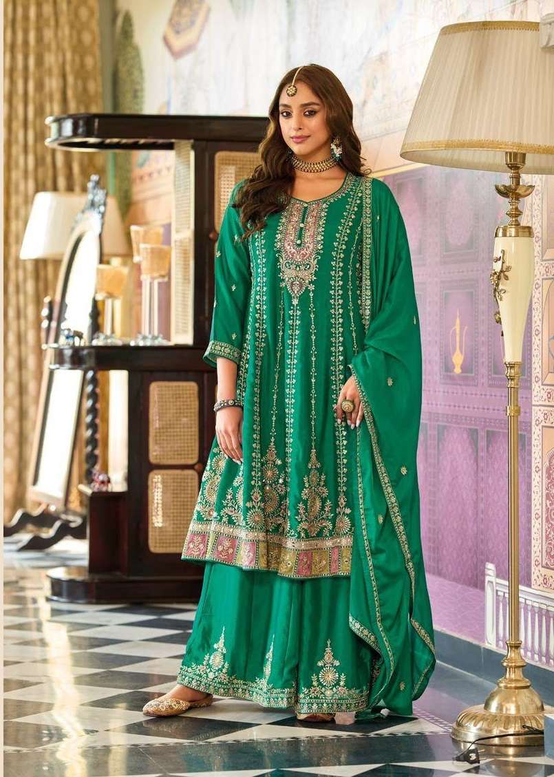 DESIGNER WEDDING PARTY WEAR REAL CHINON GREEN SHARARA SALWAR SUIT DST EBA RAGINI 1883