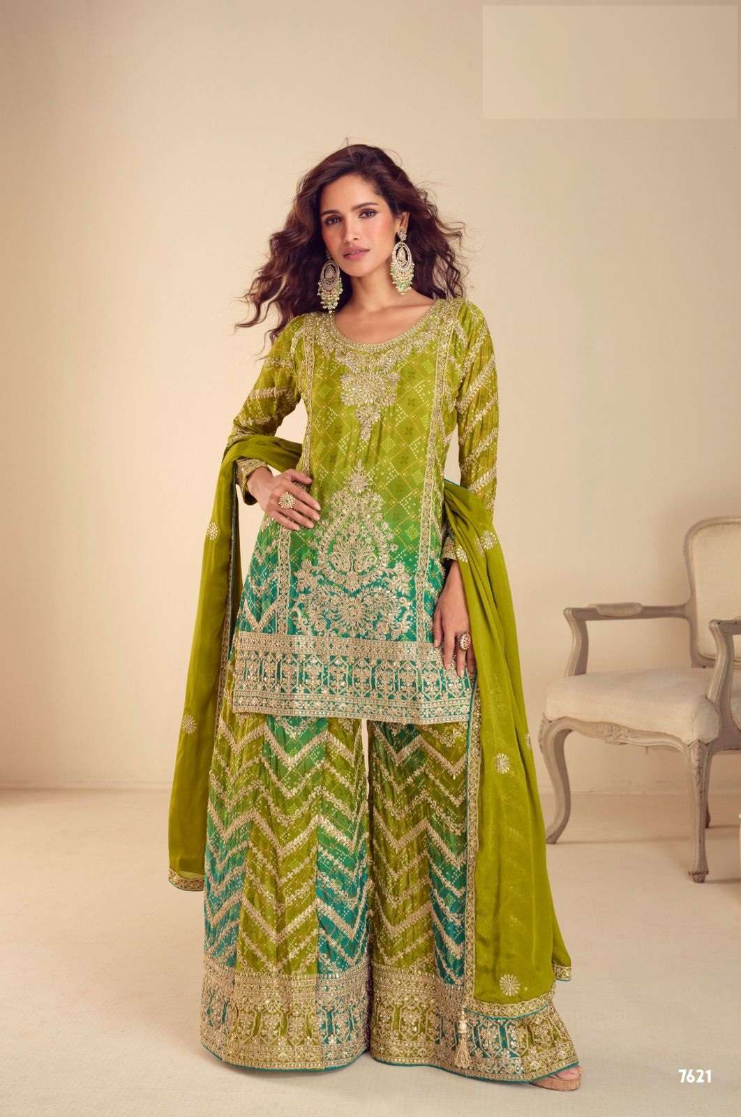 DESIGNER WEDDING PARTY WEAR REAL CHINON GREEN SHARARA SALWAR SUIT GL MISBAH 7622