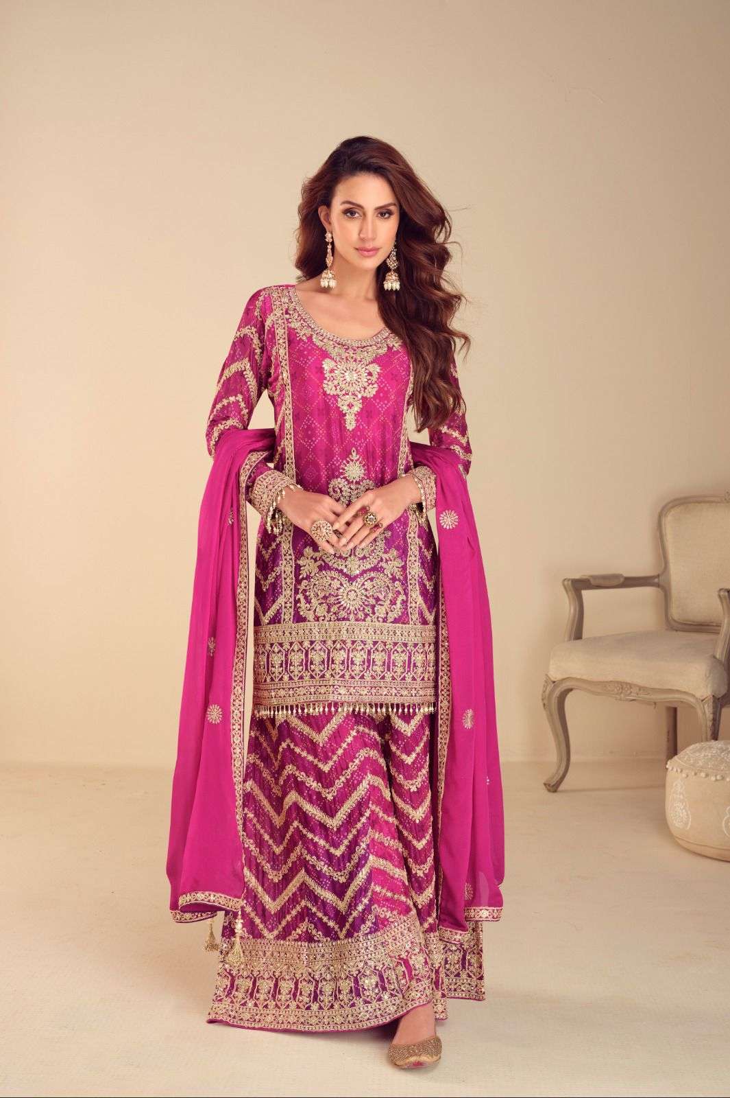DESIGNER WEDDING PARTY WEAR REAL CHINON PINK SHARARA SALWAR SUIT GL MISBAH 7621