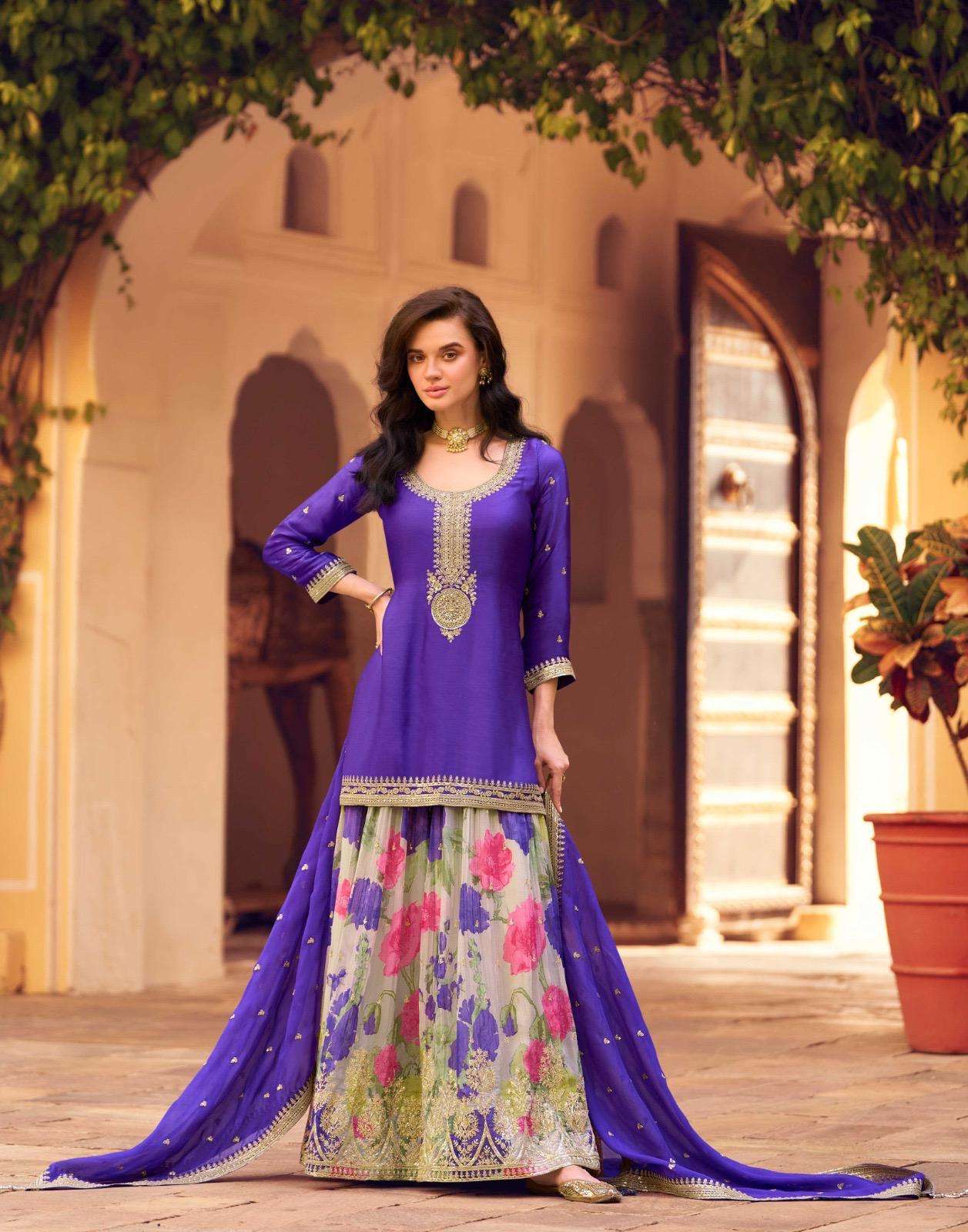 DESIGNER WEDDING PARTY WEAR REAL CHINON PURPLE SHARARA SALWAR SUIT SY SAFAR 5744