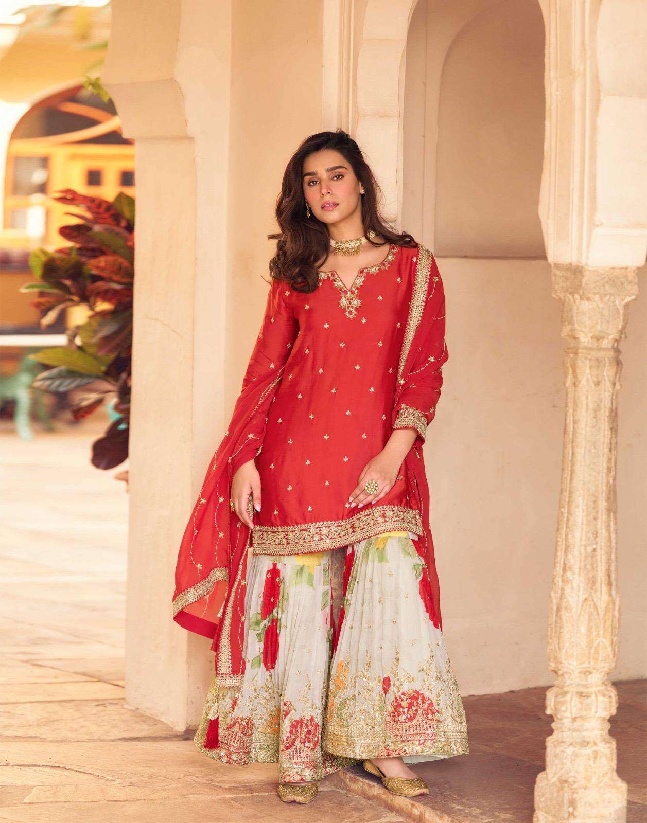 DESIGNER WEDDING PARTY WEAR REAL CHINON RED SHARARA SALWAR SUIT SY SAFAR 5745