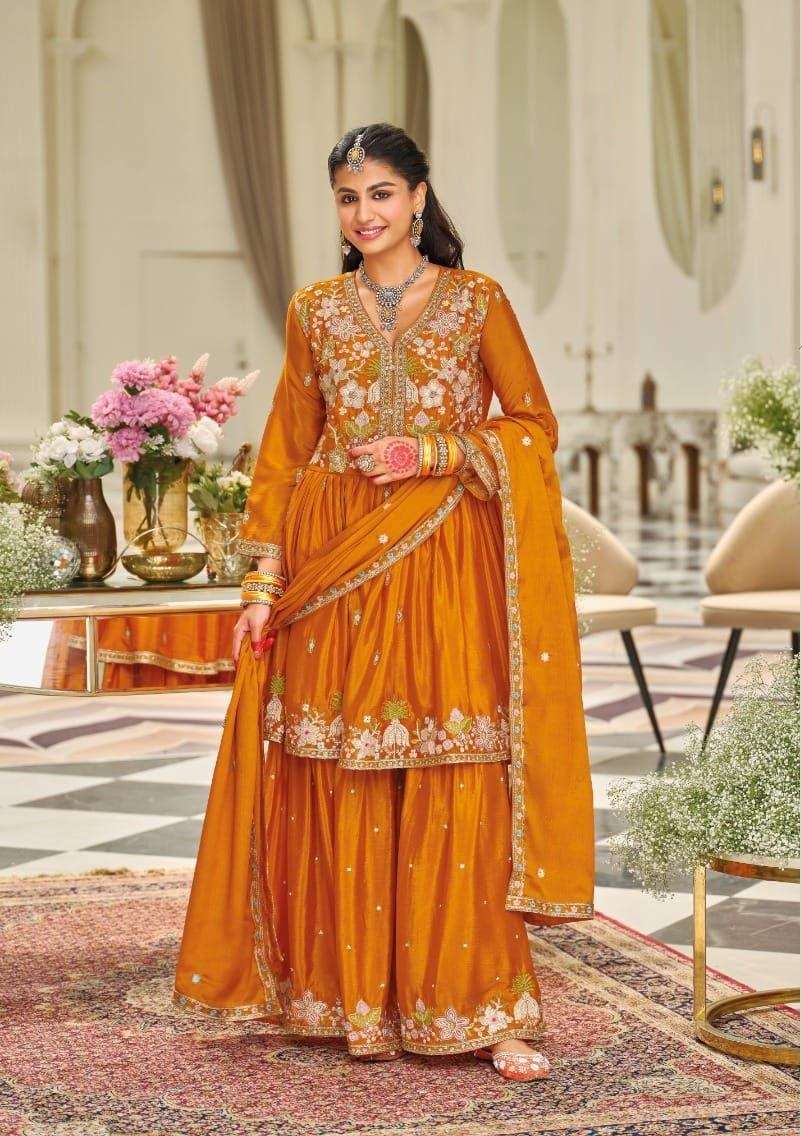 DESIGNER WEDDING PARTY WEAR REAL CHINON SHARARA ORANGE SALWAR SUIT DST EBA LASHKARA 2162