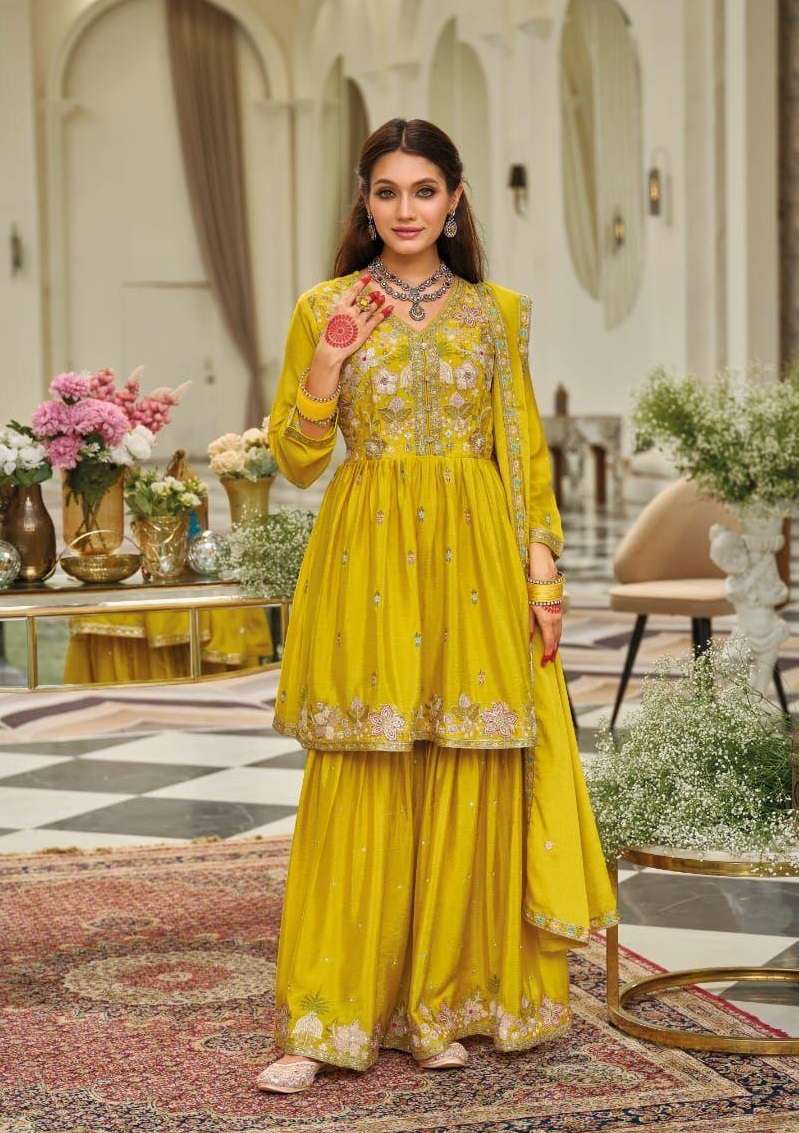 DESIGNER WEDDING PARTY WEAR REAL CHINON SHARARA YELLOW SALWAR SUIT DST EBA LASHKARA 2163