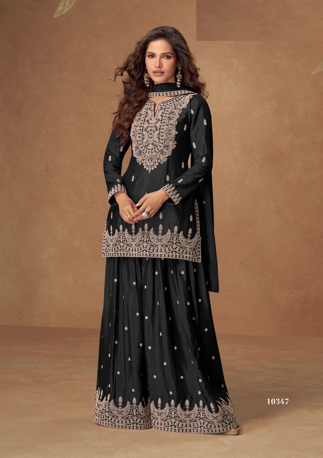 DESIGNER WEDDING PARTY WEAR REAL CHINON SILK BLACK SHARARA SALWAR SUIT AF VEERA 10347