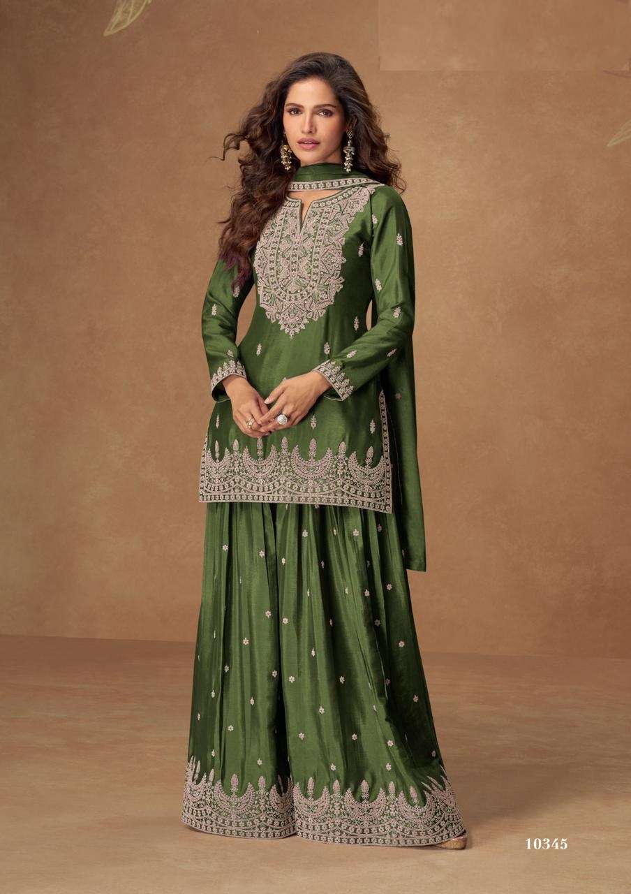 DESIGNER WEDDING PARTY WEAR REAL CHINON SILK GREEN SHARARA SALWAR SUIT AF VEERA 10345