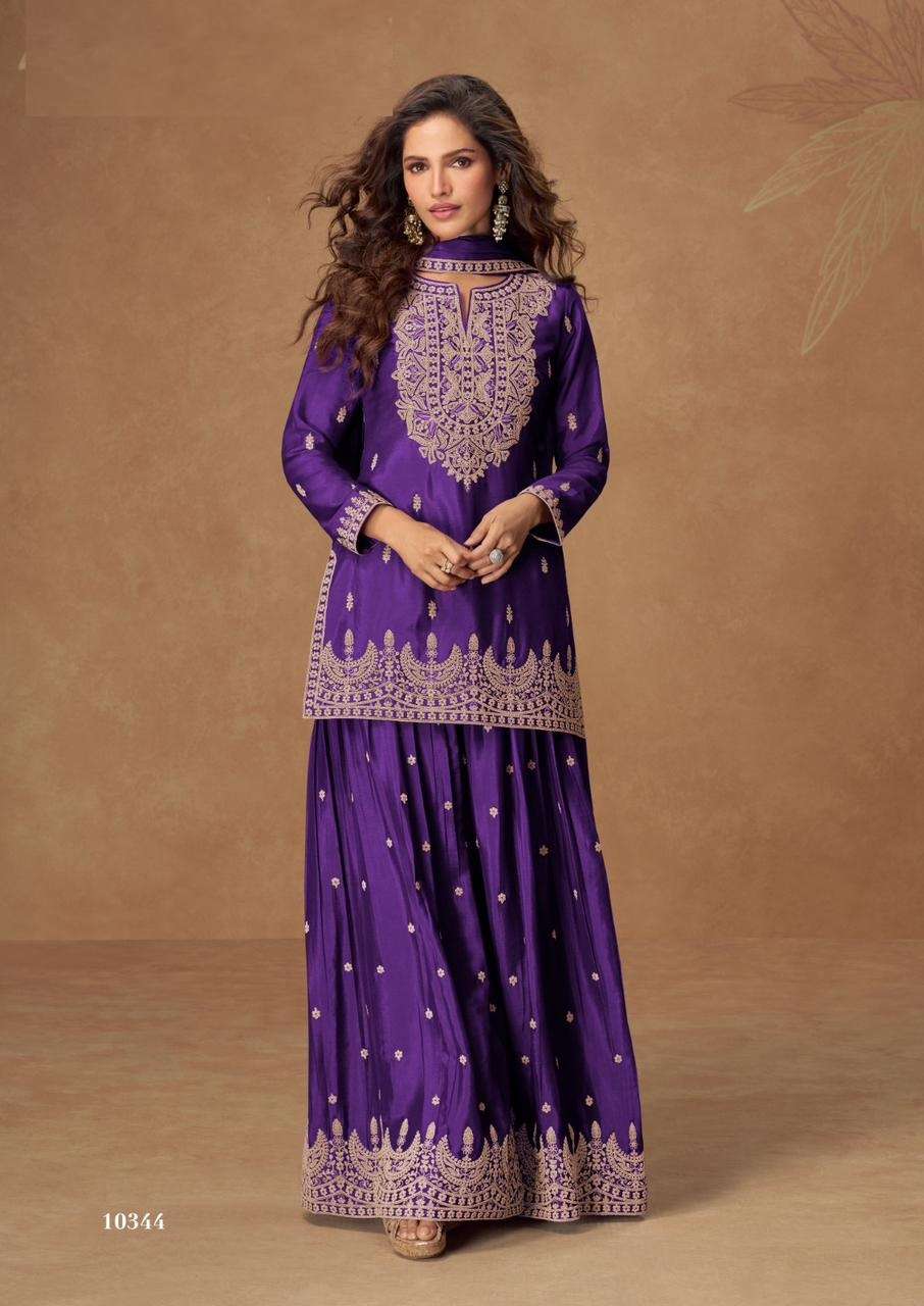 DESIGNER WEDDING PARTY WEAR REAL CHINON SILK PURPLE SHARARA SALWAR SUIT AF VEERA 10344