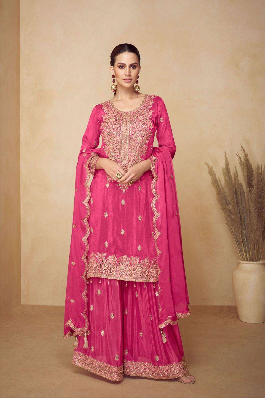 DESIGNER WEDDING PARTY WEAR REAL CHINON SILK RANI PINK SHARARA SALWAR SUIT GL PAHAL 7544