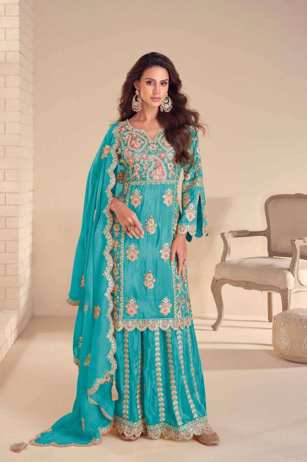 DESIGNER WEDDING PARTY WEAR REAL CHINON SILK SKY BLUE SHARARA SALWAR SUIT SY MARIYA 5538