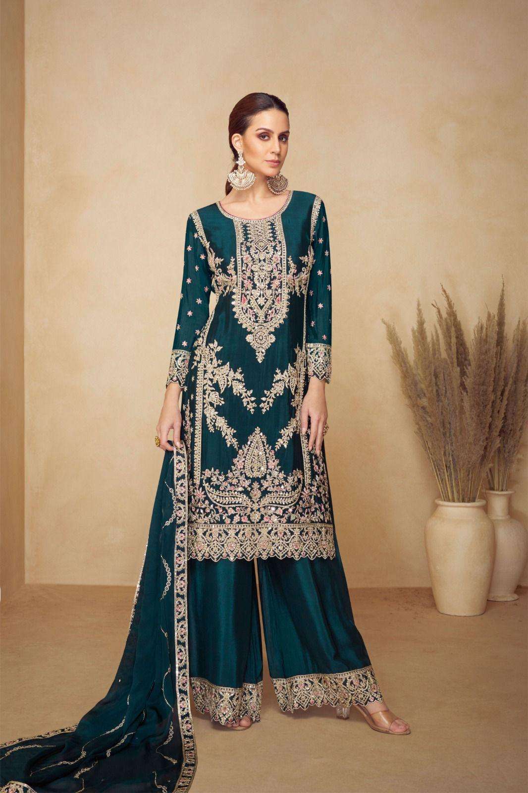 DESIGNER WEDDING PARTY WEAR REAL CHINON SILK TEAL BLUE SHARARA SALWAR SUIT GL PAHAL 7543