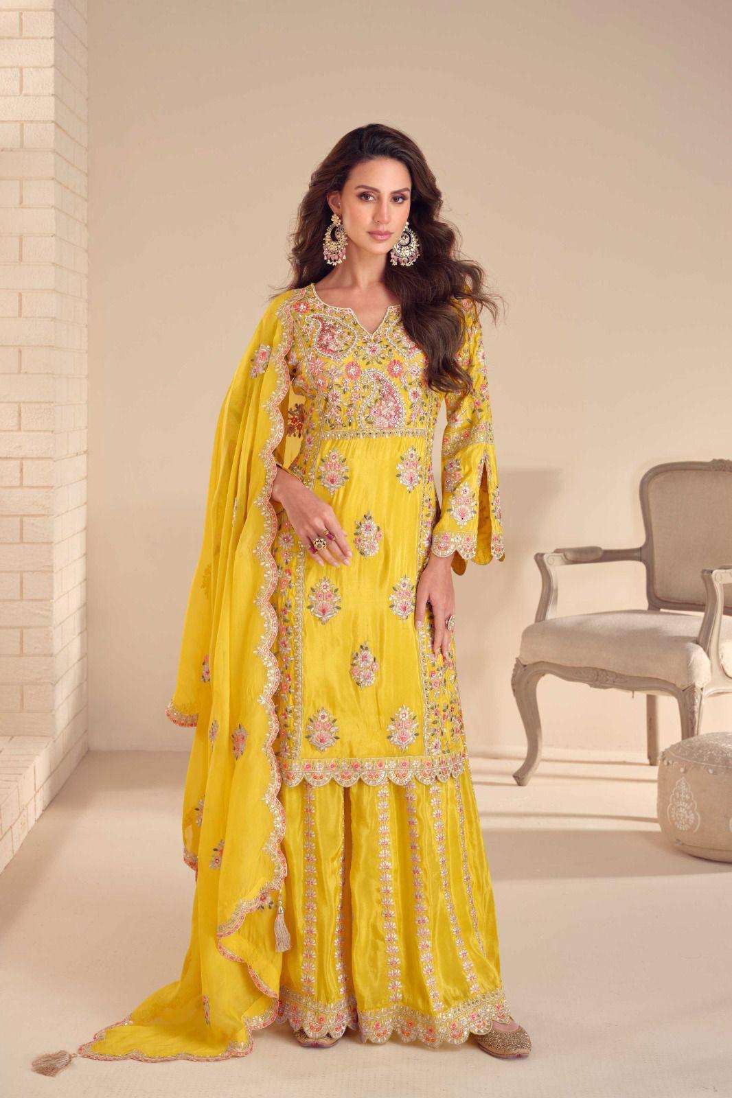 DESIGNER WEDDING PARTY WEAR REAL CHINON SILK YELLOW SHARARA SALWAR SUIT SY MARIYA 5537