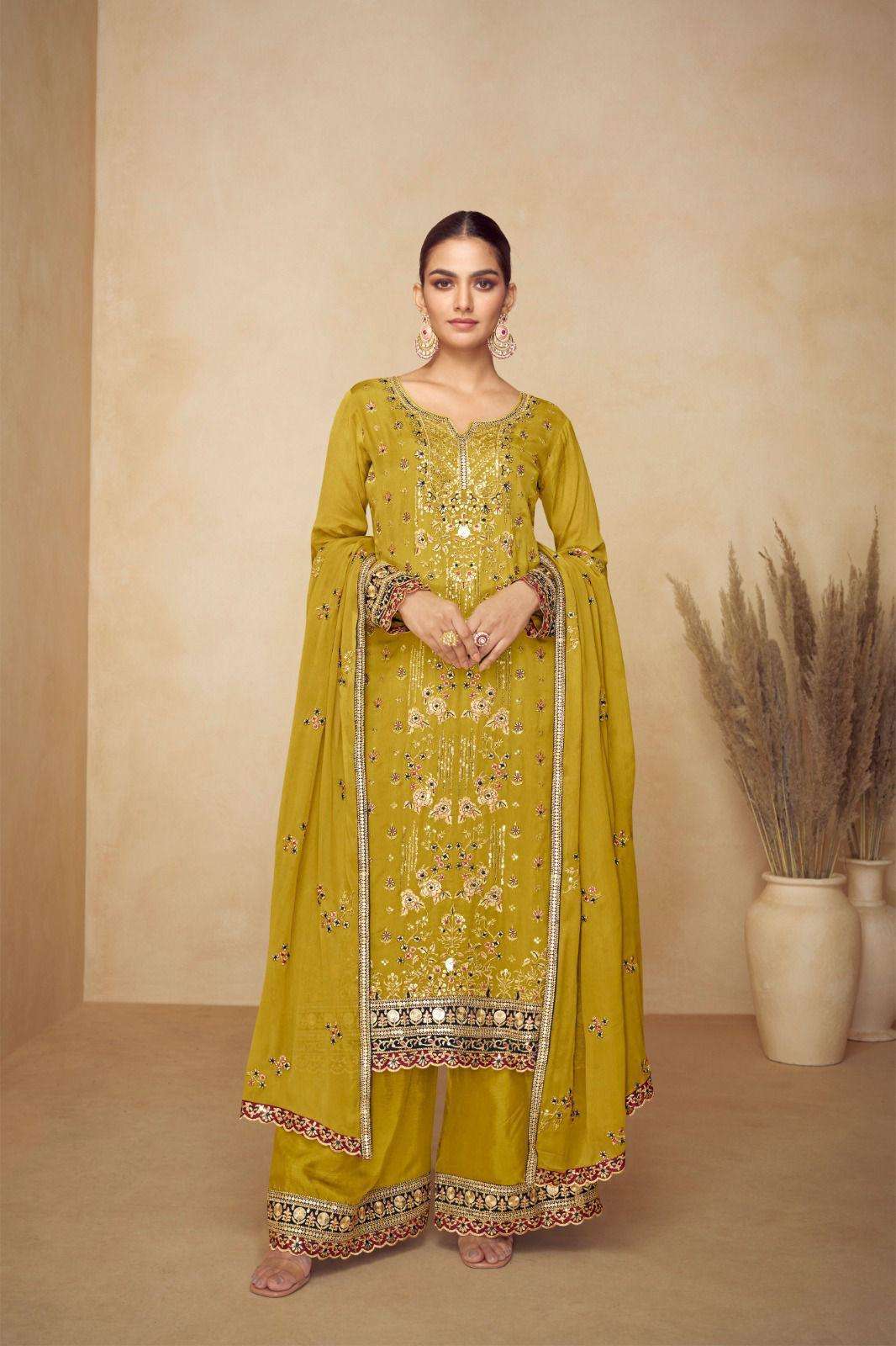 DESIGNER WEDDING PARTY WEAR REAL CHINON SILK YELLOW SHARARA SALWAR SUIT GL PAHAL 7542