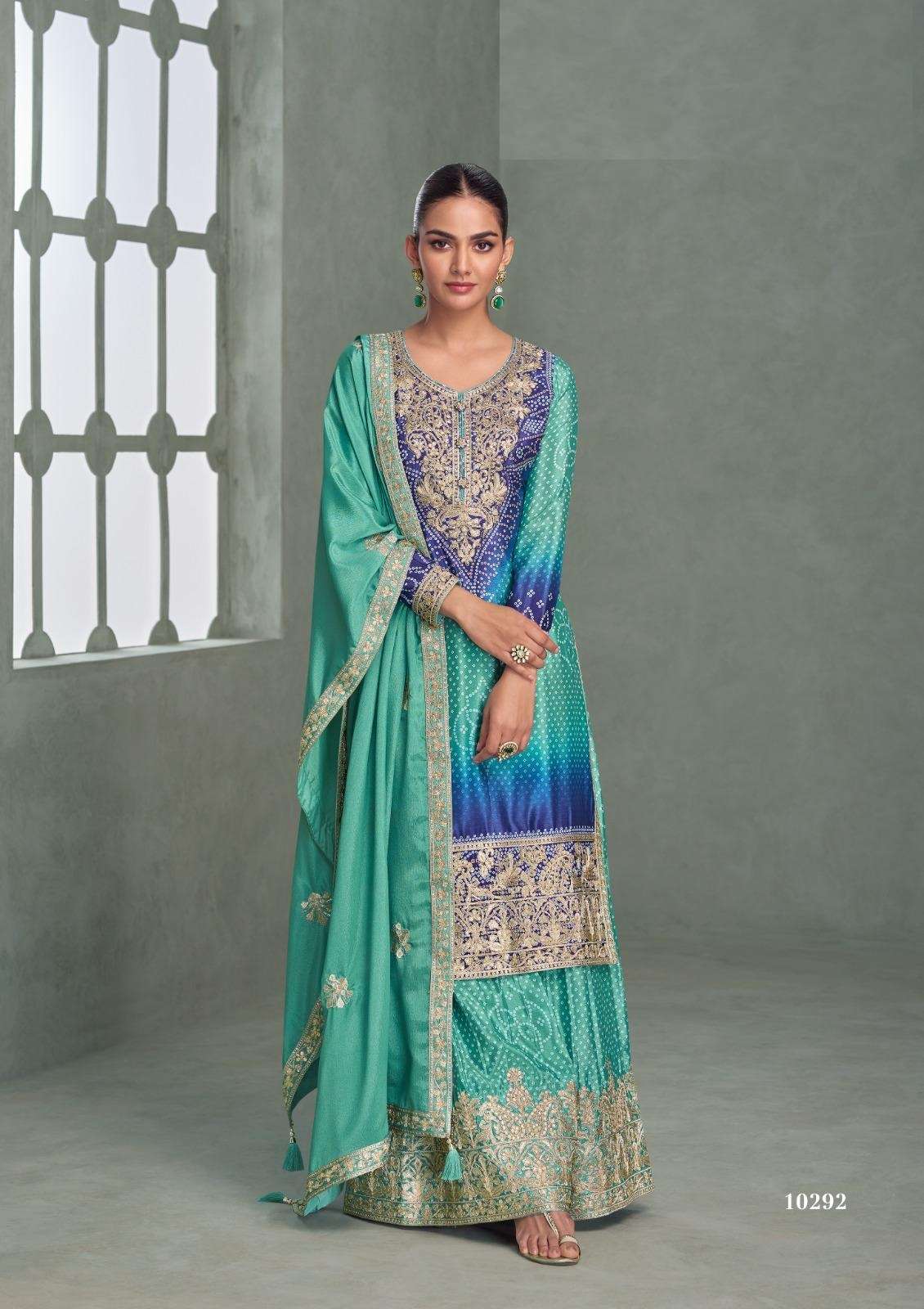 DESIGNER WEDDING PARTY WEAR REAL CHINON SKY BLUE SHARARA SALWAR SUIT AF AAVYA 10292