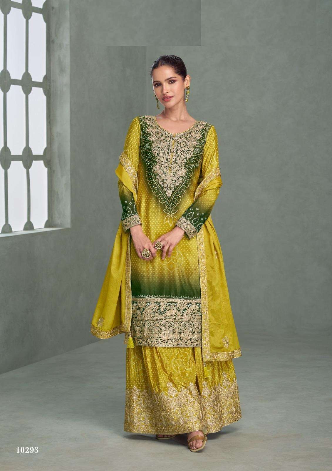 DESIGNER WEDDING PARTY WEAR REAL CHINON YELLOW GREEN SHARARA SALWAR SUIT AF AAVYA 10293