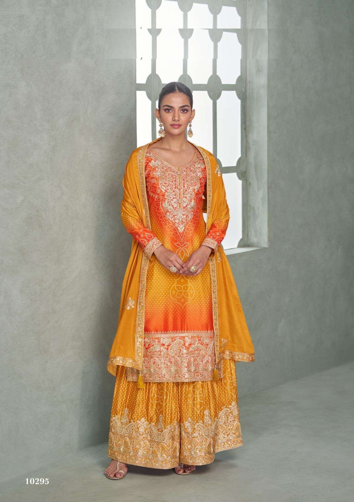 DESIGNER WEDDING PARTY WEAR REAL CHINON YELLOW RED SHARARA SALWAR SUIT AF AAVYA 10295