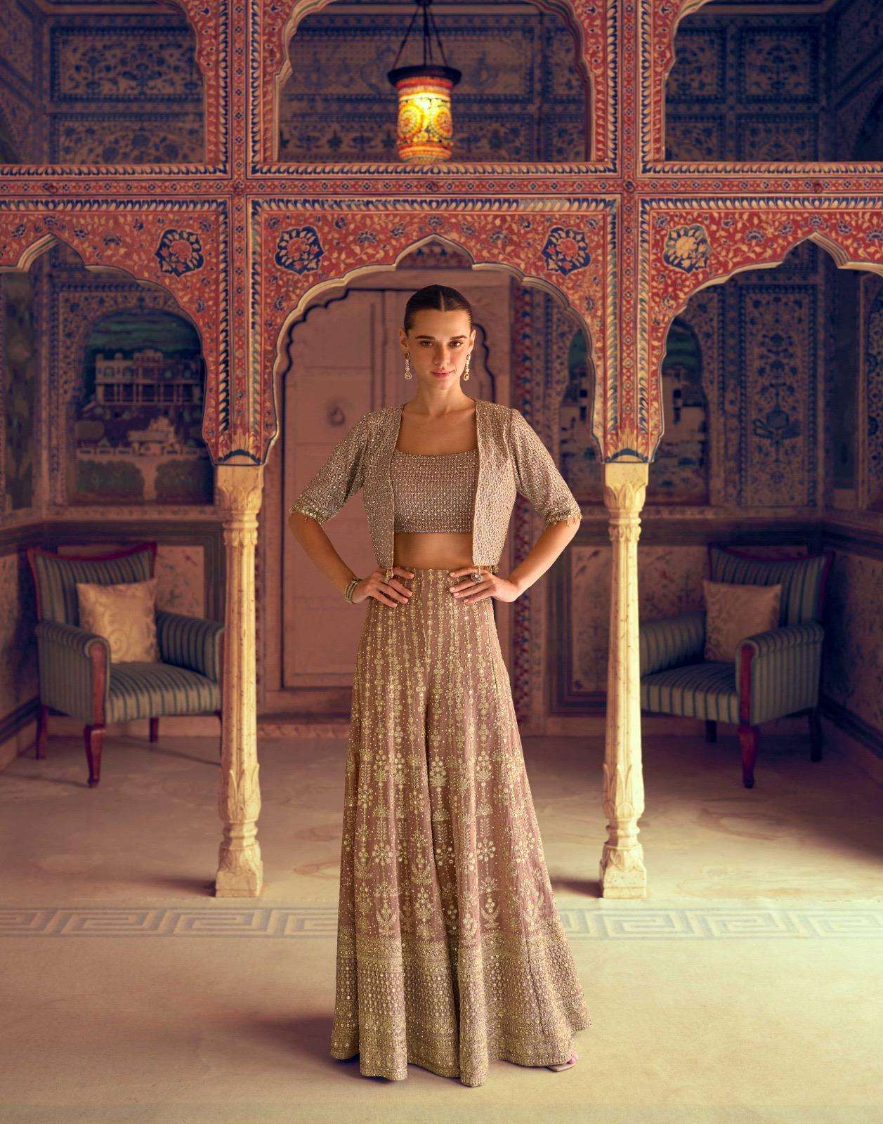 DESIGNER WEDDING PARTY WEAR REAL GEORGETTE CHIKU JACKET KOTI BLOUSE SHARARA SUIT STYLE SY MEHFIL 5831