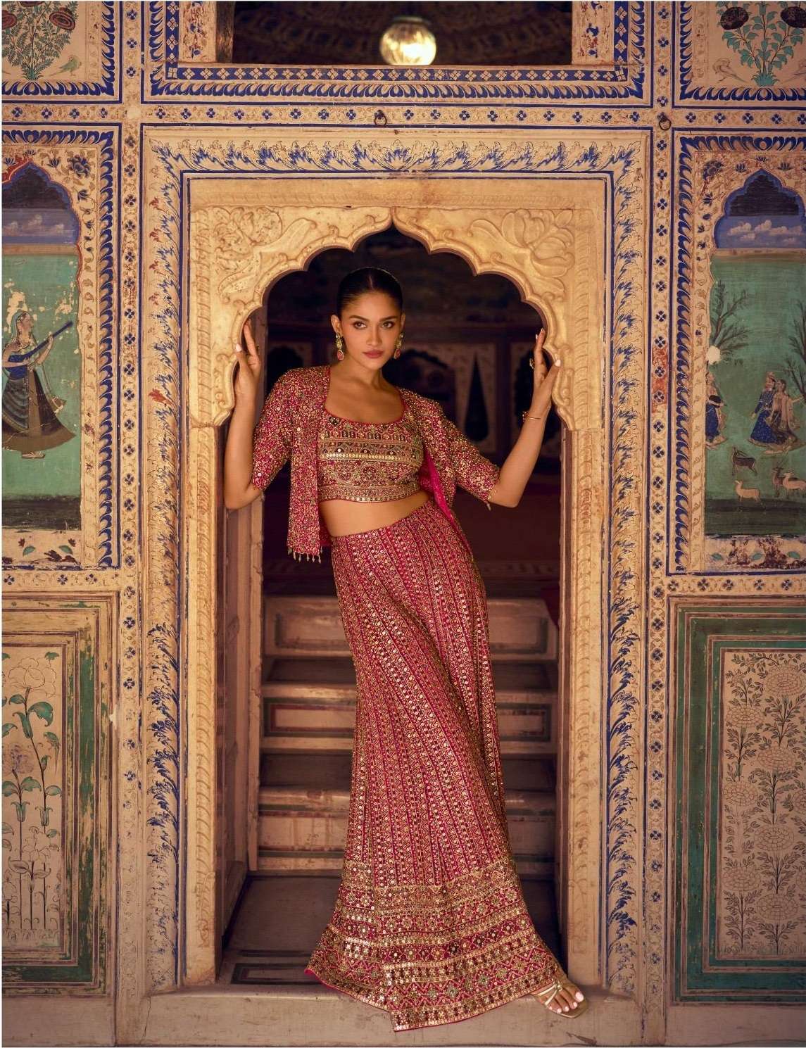 DESIGNER WEDDING PARTY WEAR REAL GEORGETTE GAJARI PINK JACKET KOTI BLOUSE SHARARA SUIT STYLE SY MEHFIL 5832