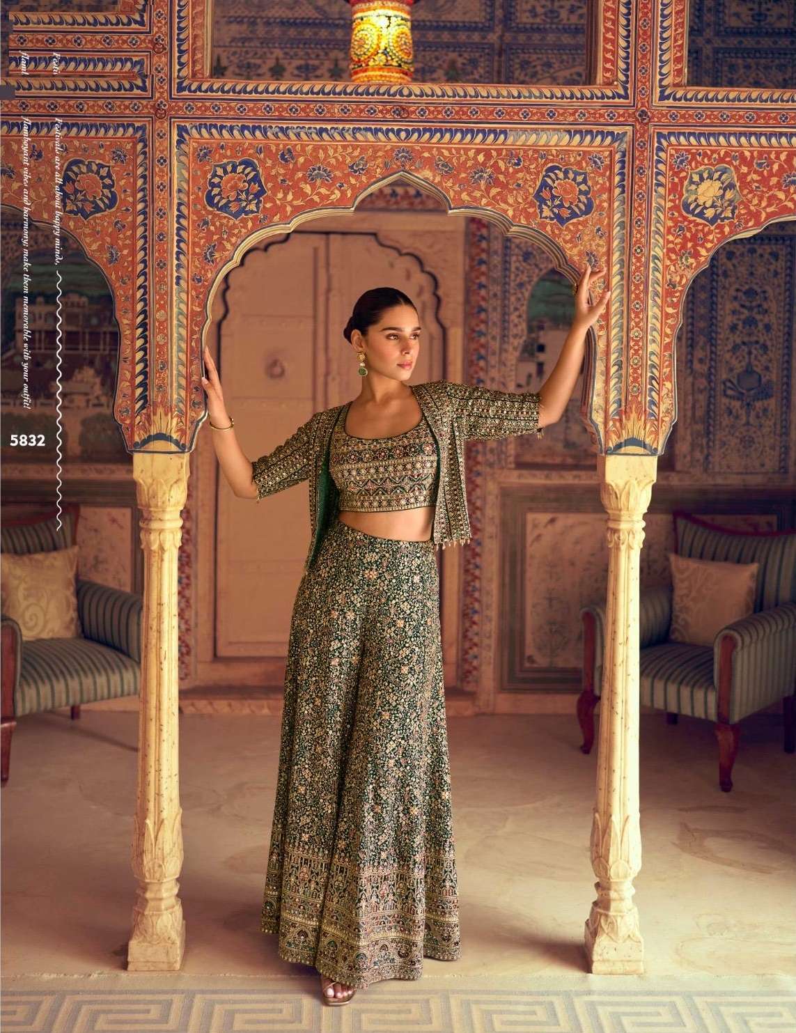 DESIGNER WEDDING PARTY WEAR REAL GEORGETTE GREEN JACKET KOTI BLOUSE SHARARA SUIT STYLE SY MEHFIL 5833