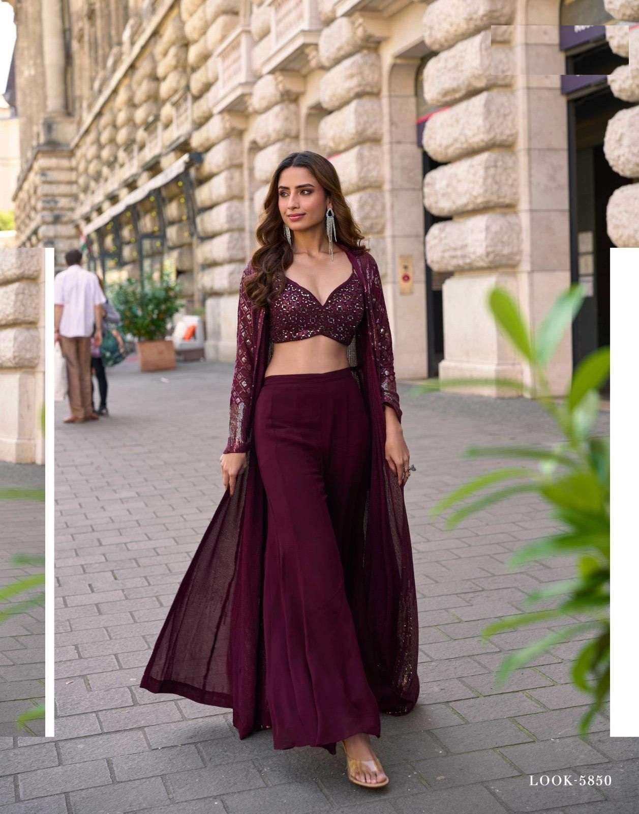 DESIGNER WEDDING PARTY WEAR REAL GEORGETTE MAROON KOTI BLOUSE SHARARA SUIT STYLE SY RUBAL 5850