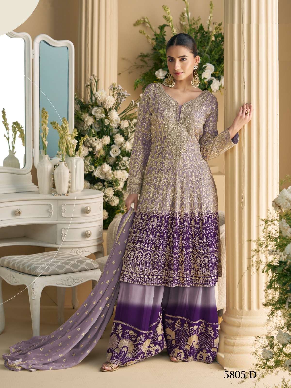 DESIGNER WEDDING PARTY WEAR REAL GEORGETTE PURPLE SHARARA SALWAR SUIT SY VIRASAT 5805 D