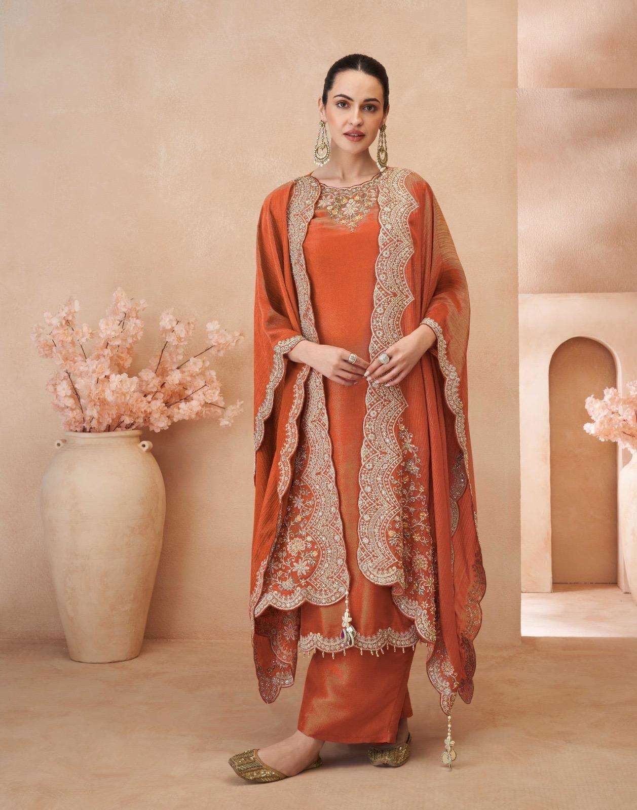 DESIGNER WEDDING PARTY WEAR SIMAR SILK ORANGE KOTI SHARARA PALLAZO SALWAR SUIT SY KALAS 5845 B