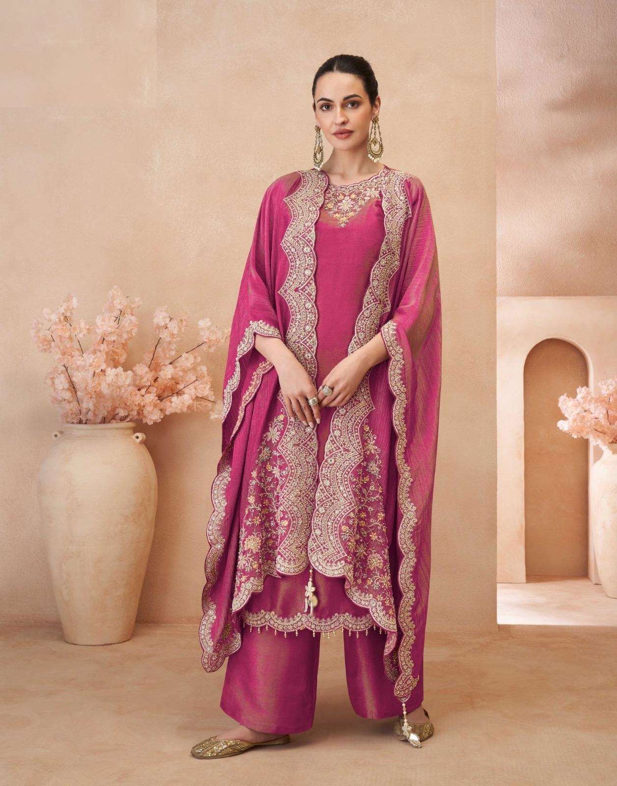 DESIGNER WEDDING PARTY WEAR SIMAR SILK PINK KOTI SHARARA PALLAZO SALWAR SUIT SY KALAS 5845 C
