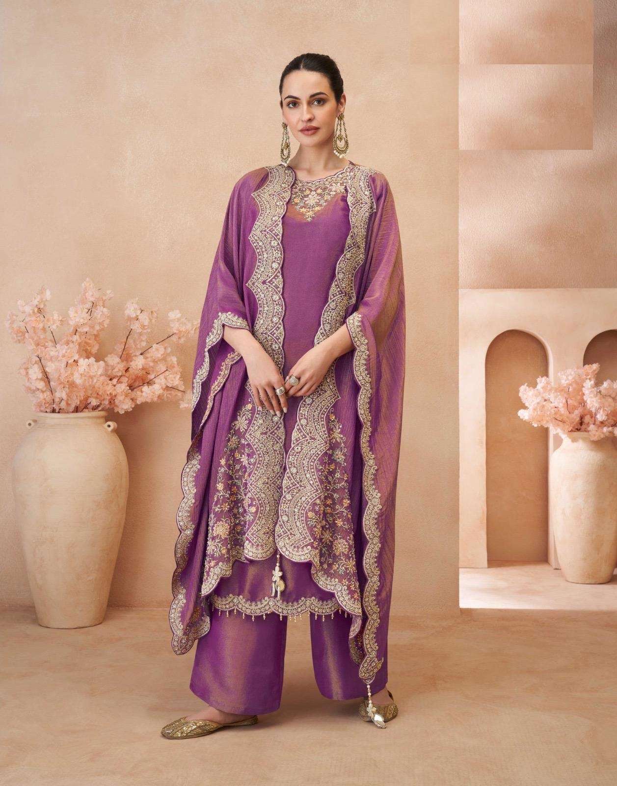 DESIGNER WEDDING PARTY WEAR SIMAR SILK PURPLE KOTI SHARARA PALLAZO SALWAR SUIT SY KALAS 5845 A