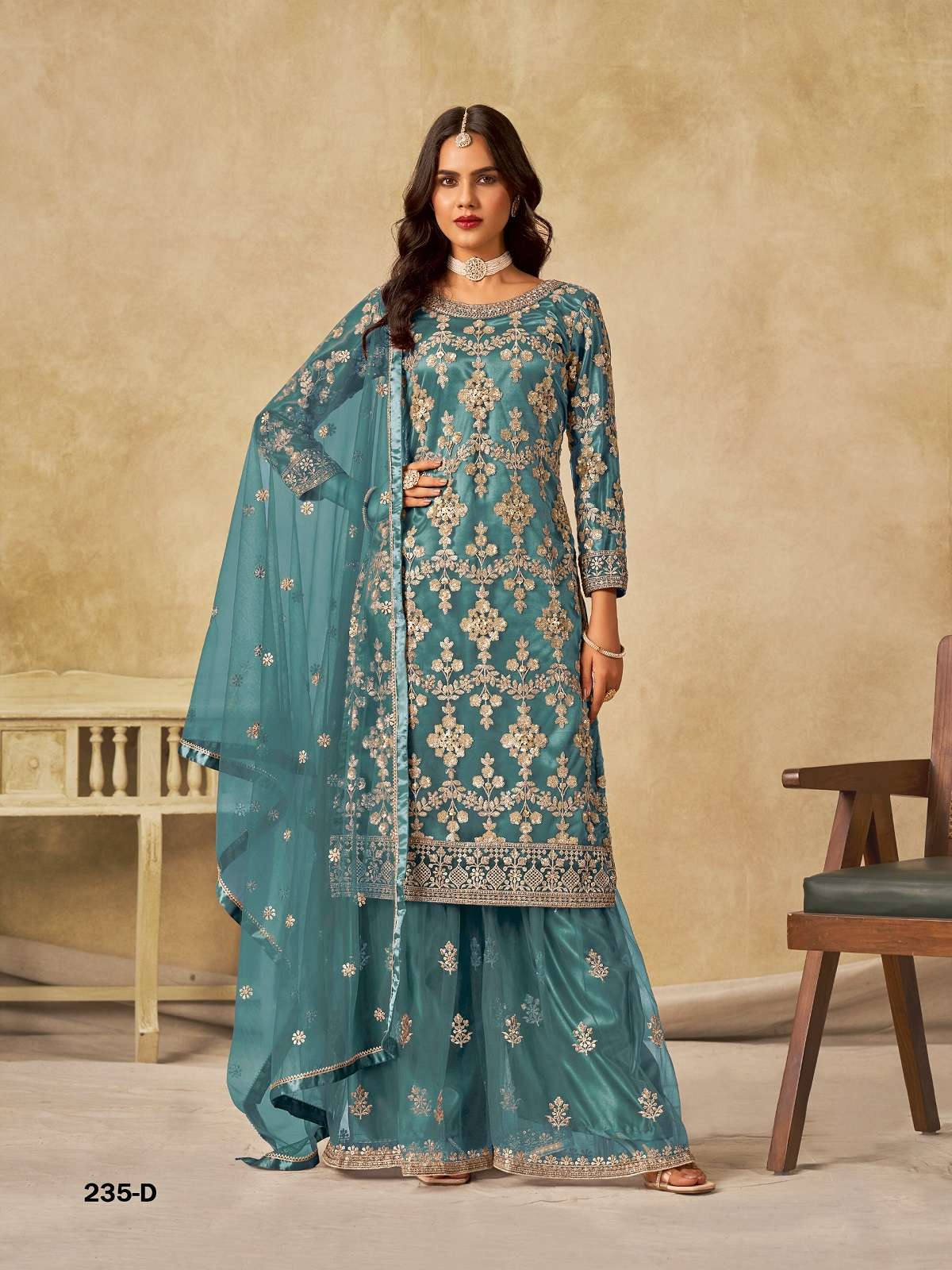 DESIGNER WEDDING PARTY WEAR SKY BLUE NET SHARARA PALLAZO SALWAR SUIT ANY 235 D