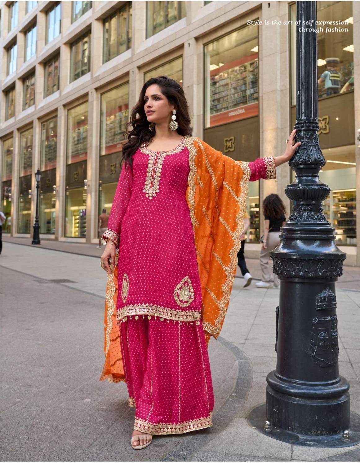 DESIGNER WEDDING PARTY WEAR VISCOS SIMAR JASQUARD RANI PINK SHARARA PALLAZO SALWAR SUIT SY SWATI 5846