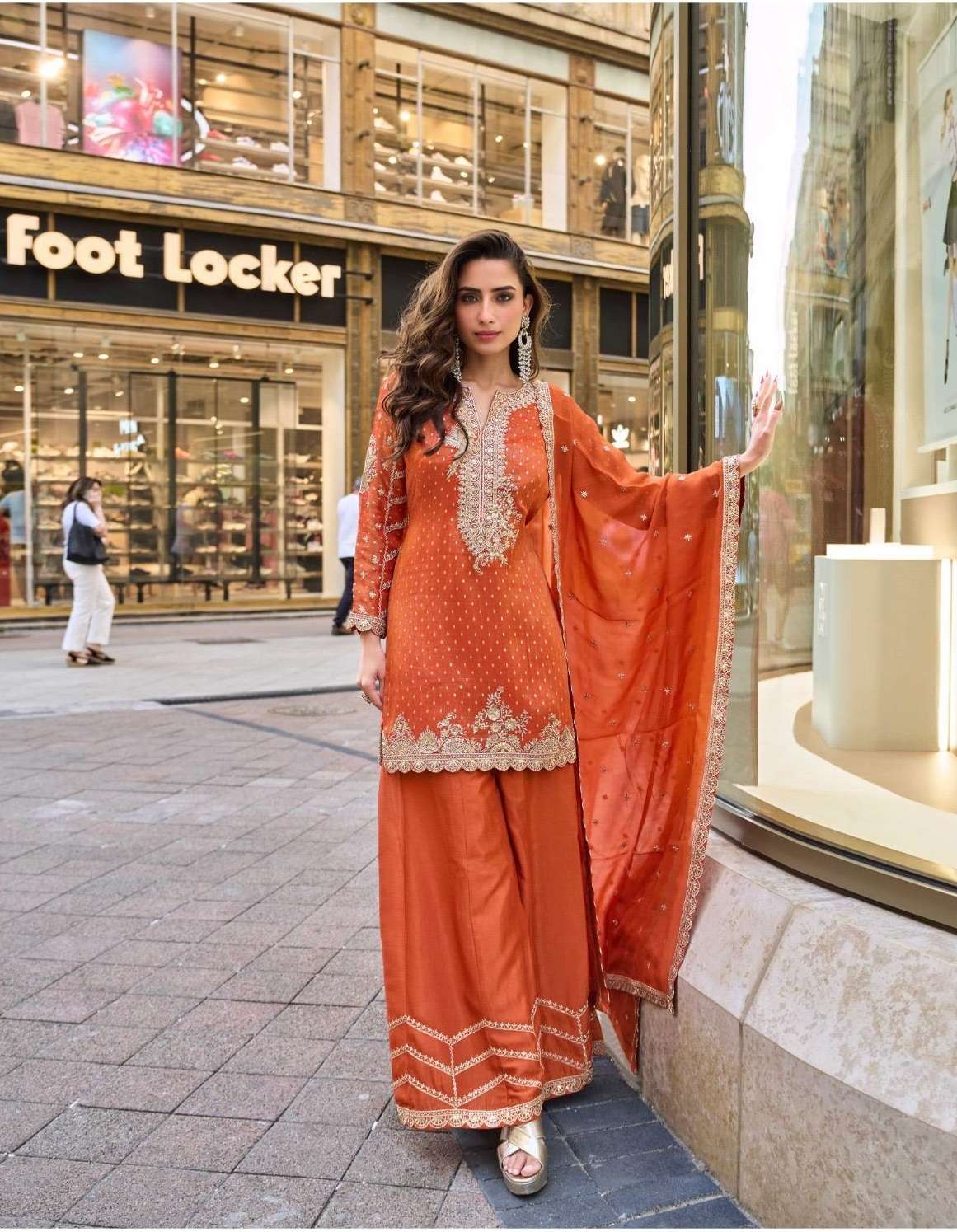 DESIGNER WEDDING PARTY WEAR VISCOS SIMAR JASQUARD ORANGE SHARARA PALLAZO SALWAR SUIT SY SWATI 5847