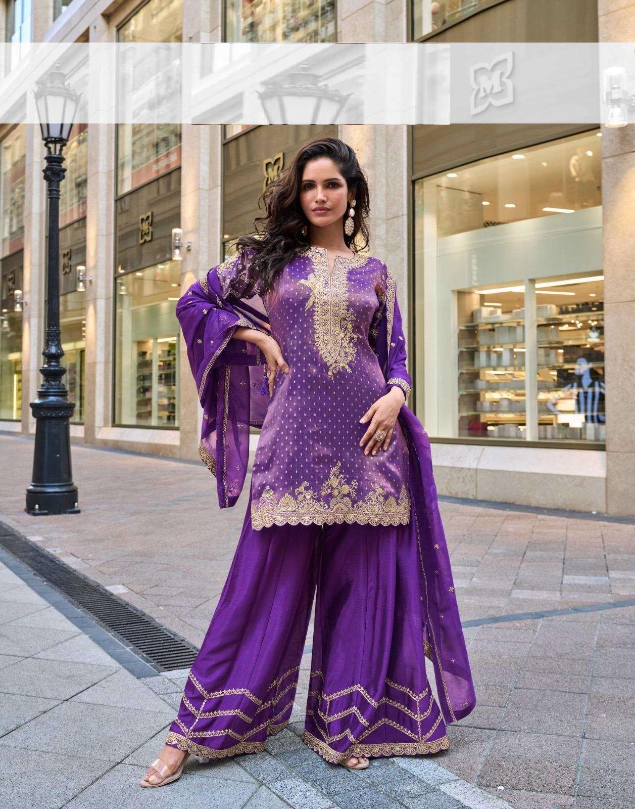 DESIGNER WEDDING PARTY WEAR VISCOS SIMAR JASQUARD PURPLE SHARARA PALLAZO SALWAR SUIT SY SWATI 5848