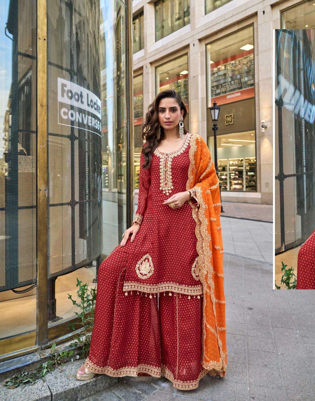 DESIGNER WEDDING PARTY WEAR VISCOS SIMAR JASQUARD RED SHARARA PALLAZO SALWAR SUIT SY SWATI 5849