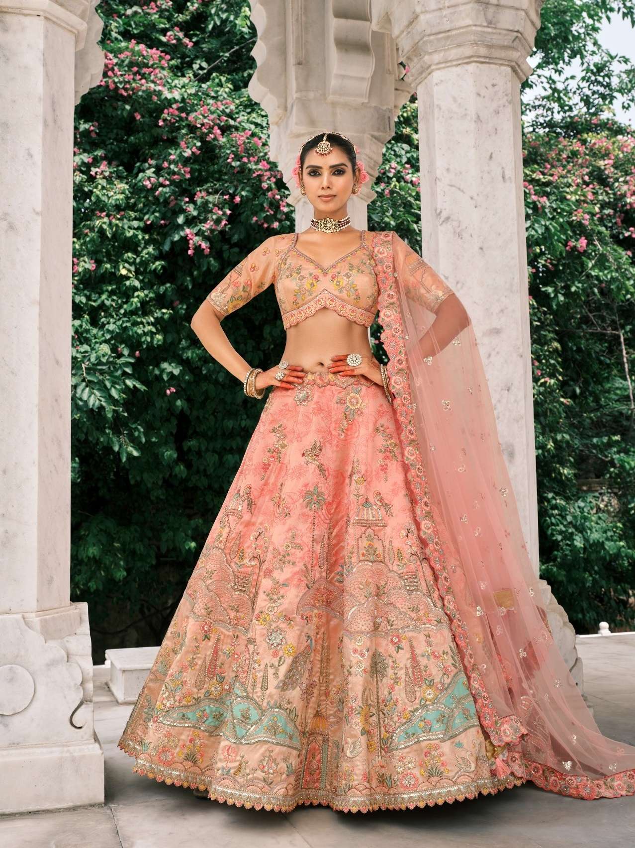 DESIGNER WEDDING WEAR INDIAN HEAVY GAJARI SILK LEHENGA CHOLI WITH NET DUPATTA SM TATHASTU 7915