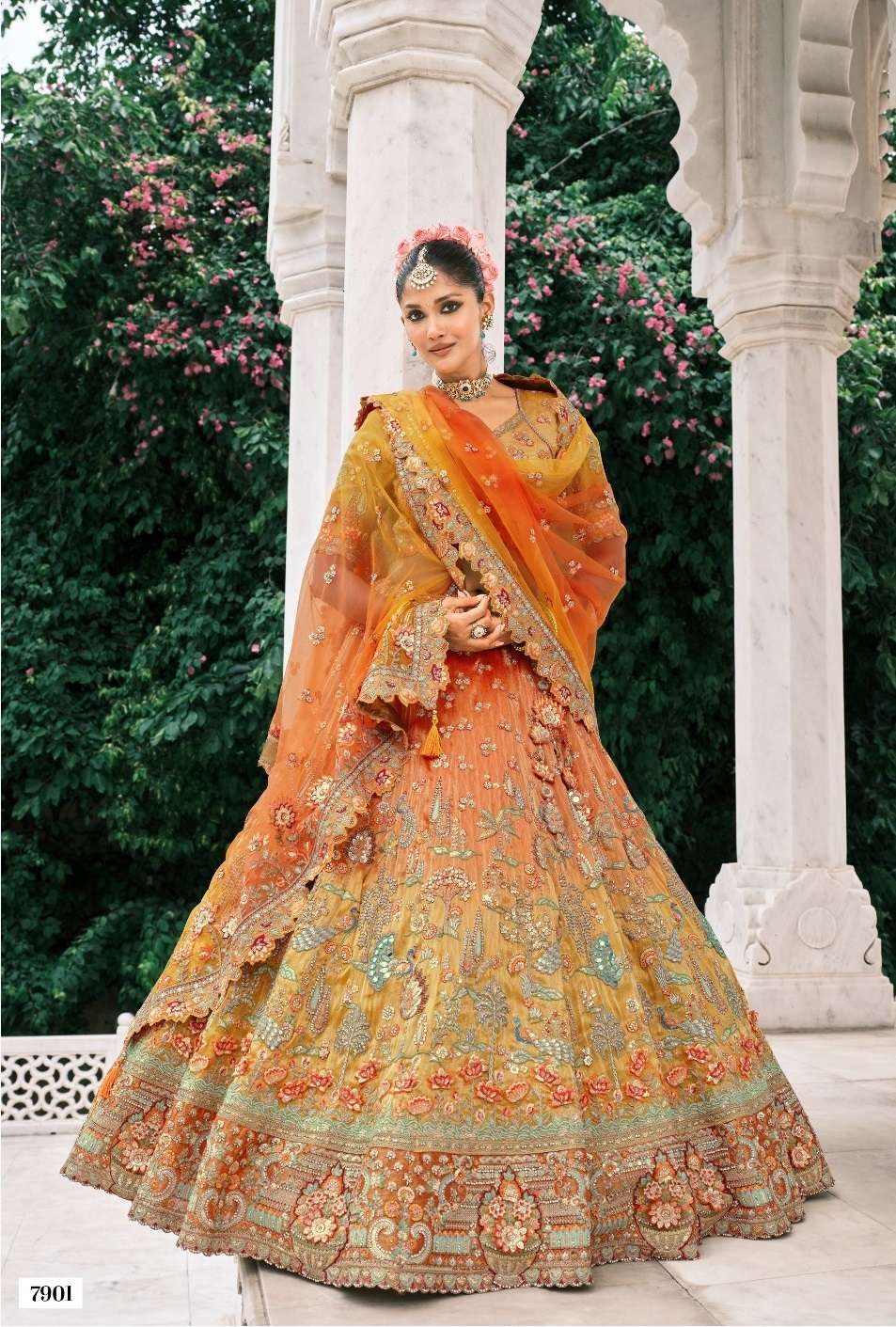 DESIGNER WEDDING WEAR INDIAN HEAVY ORANGE SILK LEHENGA CHOLI WITH NET DUPATTA SM TATHASTU 7901