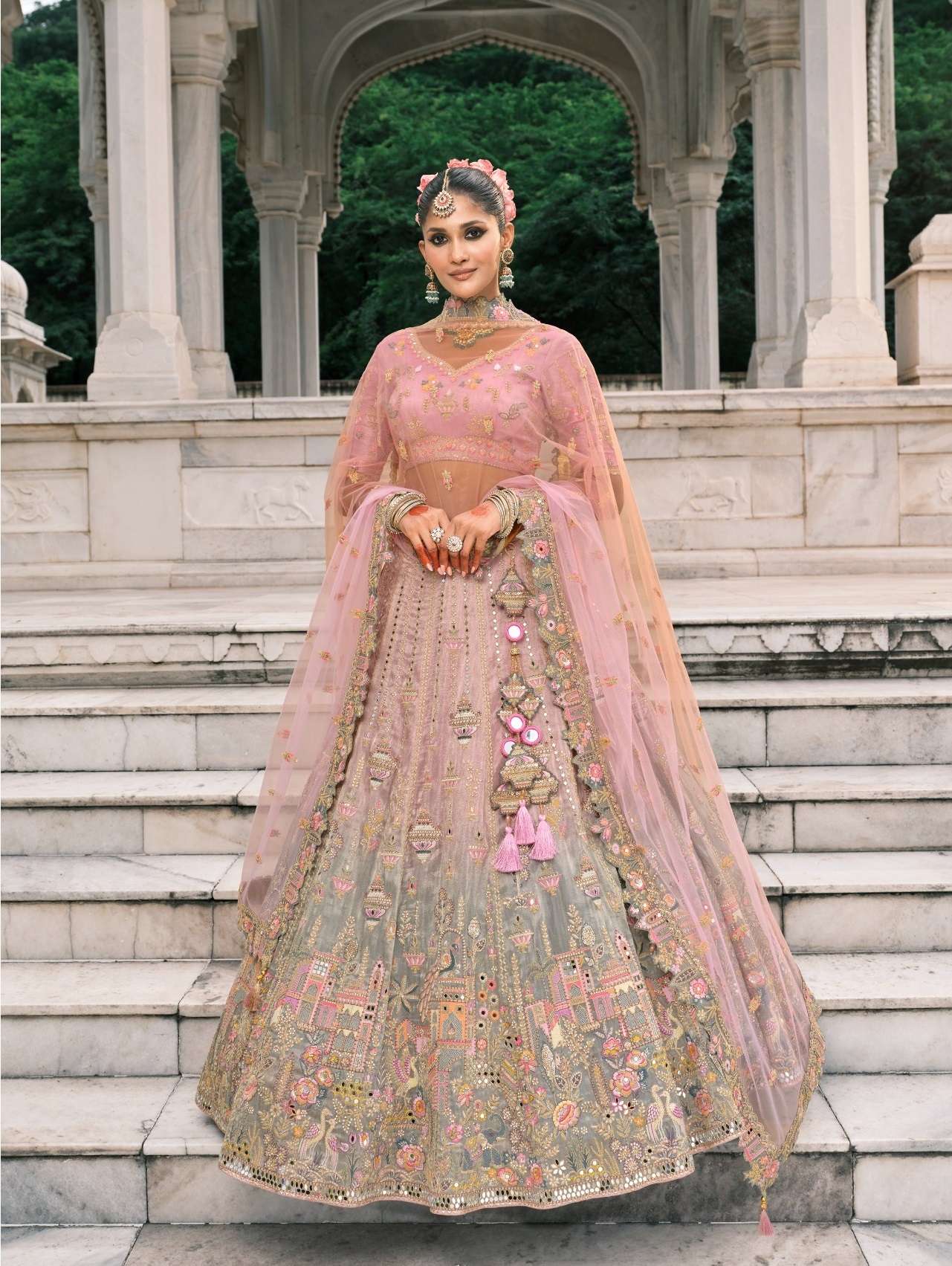 DESIGNER WEDDING WEAR INDIAN HEAVY PEACH SILK LEHENGA CHOLI WITH NET DUPATTA SM TATHASTU 7911