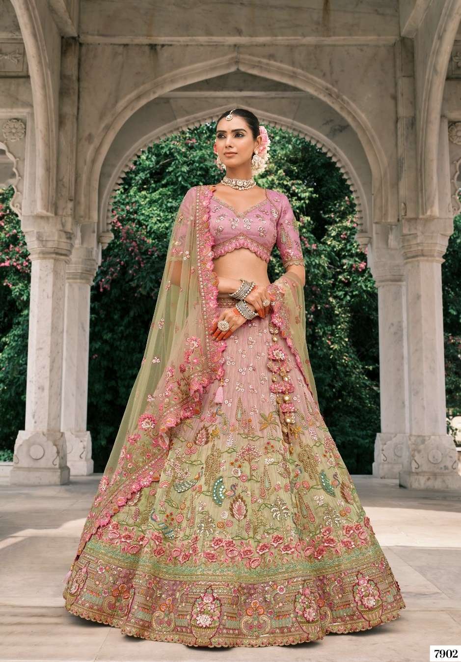 DESIGNER WEDDING WEAR INDIAN HEAVY PINK SILK LEHENGA CHOLI WITH NET DUPATTA SM TATHASTU 7902