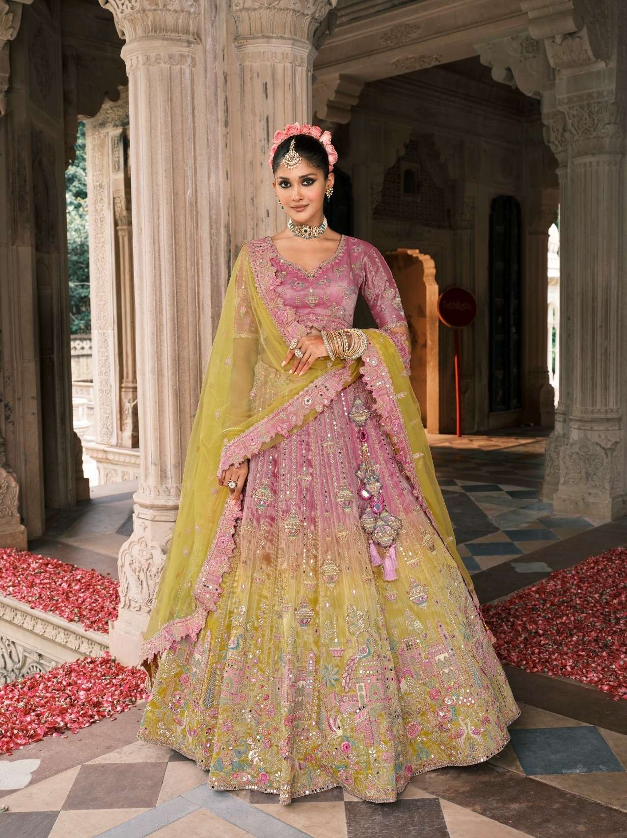 DESIGNER WEDDING WEAR INDIAN HEAVY PINK YELLOW SILK LEHENGA CHOLI WITH NET DUPATTA SM TATHASTU 7912