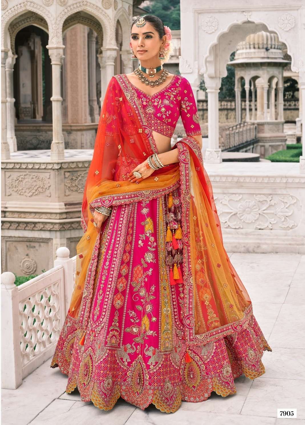 DESIGNER WEDDING WEAR INDIAN HEAVY RANI PINK SILK LEHENGA CHOLI WITH NET DUPATTA SM TATHASTU 7905
