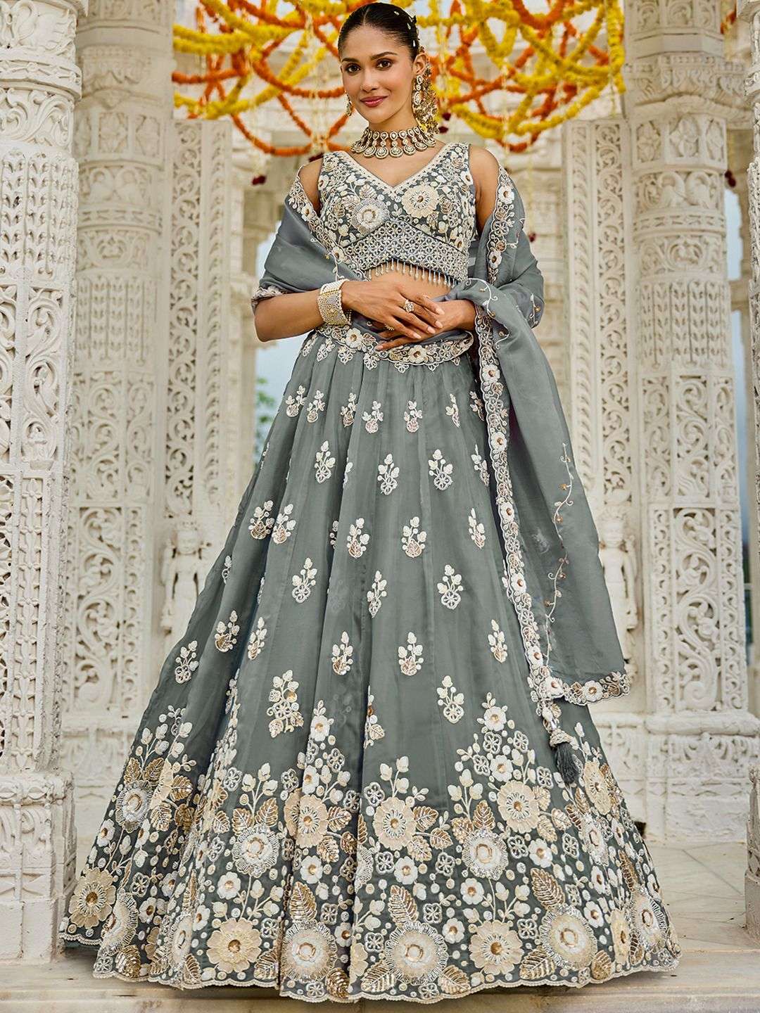 INDIAN DESIGNER BOLLYWOOD WEDDING PARTY WEAR HEAVY ORGANZA GREY READYMADE LEHENGA CHOLI NT 6184 A