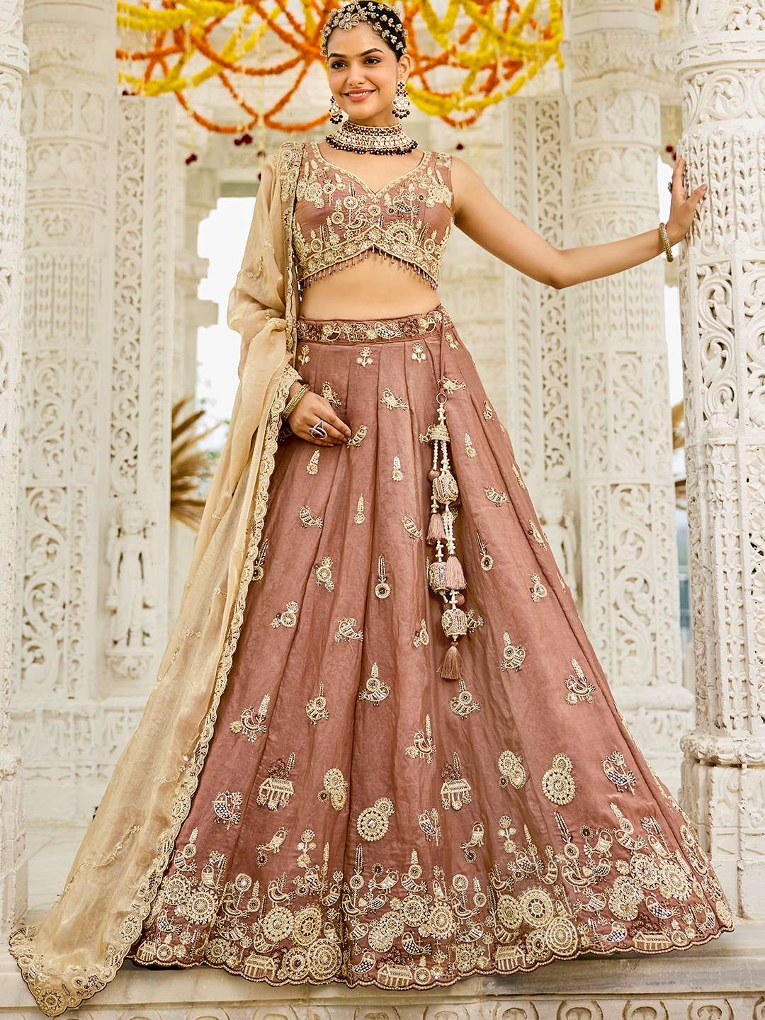 INDIAN DESIGNER BOLLYWOOD WEDDING PARTY WEAR HEAVY PEACH SATIN SILK READYMADE LEHENGA CHOLI NT 6193 B