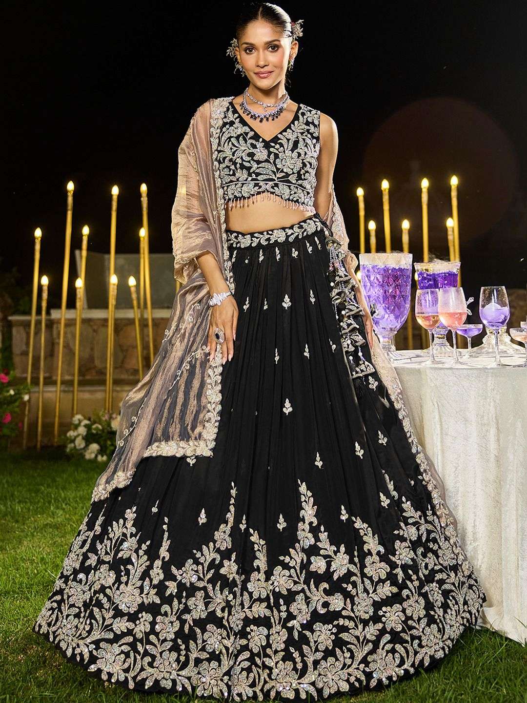 INDIAN DESIGNER BOLLYWOOD WEDDING PARTY WEAR HEAVY SATIN SILK BLACK READYMADE LEHENGA CHOLI NT 6196 B